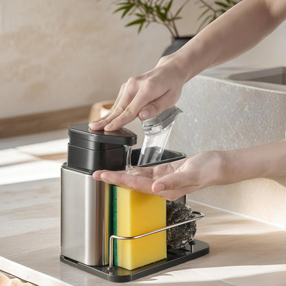 LIBODOUR Soap Dispenser for Kitchen & Bathroom Sink,3-in-1 Sponge Holder for Kitchen, Organizer Dish Soap Dispenser,Sink Caddy,Stainless Steel Dish Brush Scrubber with Sponge Holder