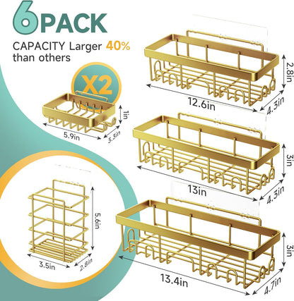 Veken Shower Caddy 6-Pack, Advanced Rustproof Design, No Drilling Adhesive Shelves, Rack with Soap Holder, Large Capacity Bathroom Organizers and Storage, Wall-Mounted, Gifts for Women Mom