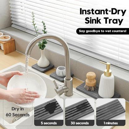 Fast Water Absorption Sink Organizer Tray Set, 3-Pack Compact and Space-Saving Stone Soap Holder Caddy for Kitchen & Bathroom Counter, Faucet Splash Guard, White (1pc of 8"x3.8" + 2pcs of 3.8"x3.8")