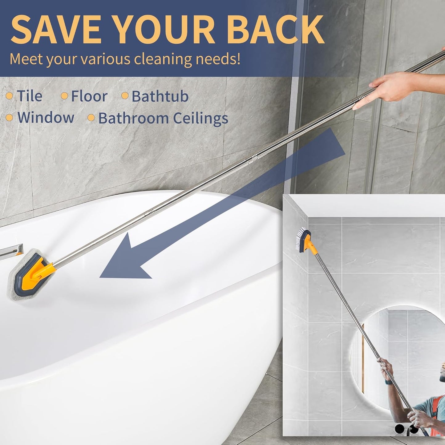 BOOMJOY Tub Scrubber with Long Handle, 58" Extendable 3 in 1 Tub Cleaner Brush with Long Handle, No Scratch Shower Cleaning Brush for Bathtub, Bathroom Ceilings, Toilet, Kitchen, Floor