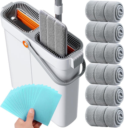 15.7" Flat Mop and Bucket Set with Wringer System | Wet Dry Floor Mop, 6 Reusable Microfiber Pads for Home, Tiny Home, Safe for Hardwood, Tile, Wall & Window Cleaning