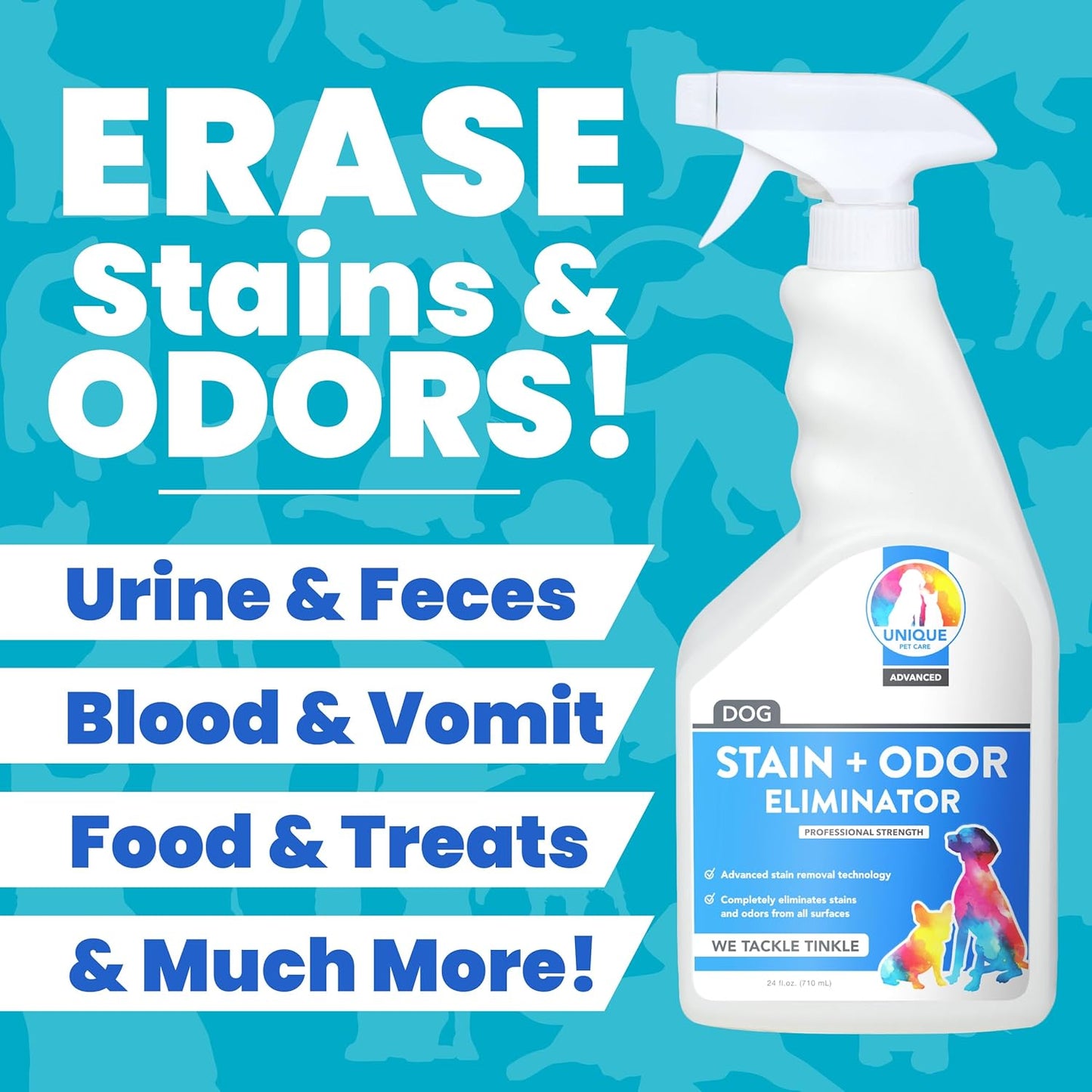 Unique Advanced Dog Odor & Stain Remover, Enzyme Cleaner Spray for Urine & Pet Accidents, Eliminates Odors at the Source, Carpet & Fabric Safe, 24 oz