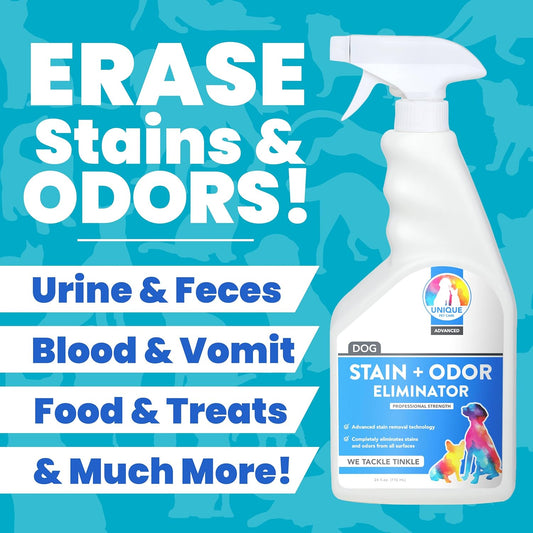 Unique Advanced Dog Odor & Stain Remover, Enzyme Cleaner Spray for Urine & Pet Accidents, Eliminates Odors at the Source, Carpet & Fabric Safe, 24 oz