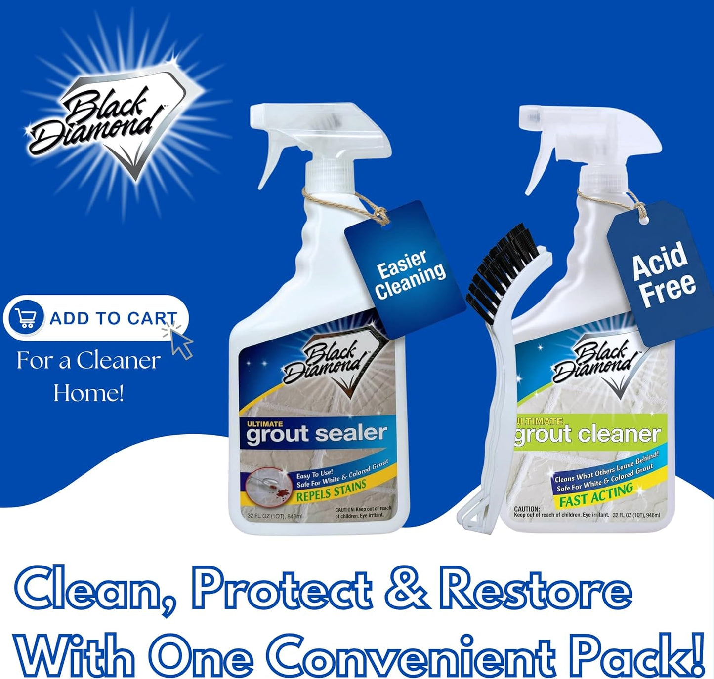 Black Diamond Ultimate Grout Cleaner: Best Cleaner for Tile,Ceramic,Porcelain, Marble Acid-Free Safe Deep Cleaner & Stain Remover for Even The Dirtiest Grout. (1-Quart/1-Brush)