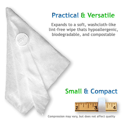 WYSI Multi-Purpose Wipes - Just Add Water - 100 Compressed Tablets & 1 To Go Tube - Multipurpose All Natural Reusable Wipes - Biodegradable Towelettes - Hypoallergenic - Compostable - Scent-Free.