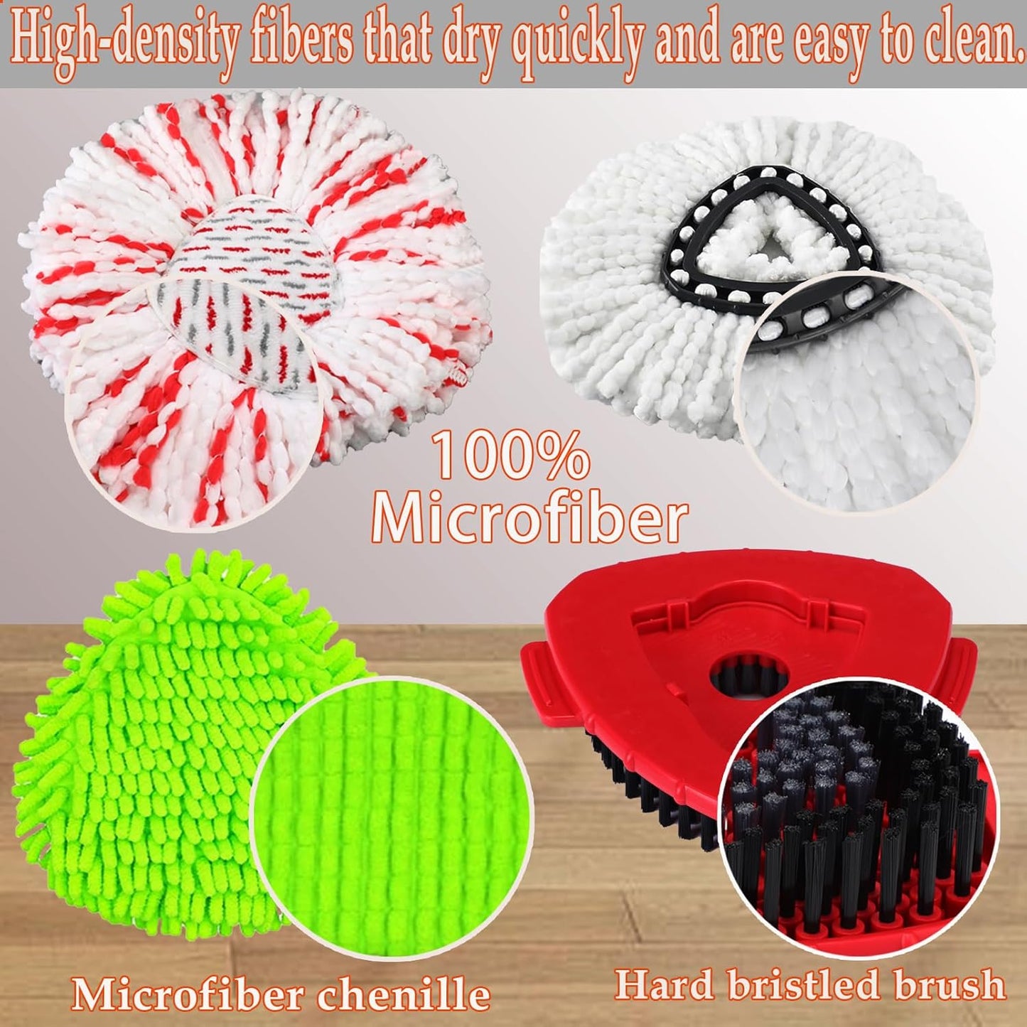 Upgrade Mop Heads Replacements for Ocedar, Spin Mop Scrub Brush Replacement Head for O Cedar Easywring 1 Tank System, 2 Mop Head Refills, 2 Chenille Mop Pads, 1 Spin Base, 1 Scrubber Head for O-Cedar
