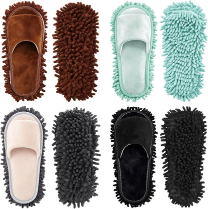 Jecery 4 Pair Washable Microfiber Mop Slippers Detachable Dusting Shoes for Floor Cleaning, Office & Home Use Suitable for Women & Men(Blue, Brown, Beige, White,L Size)