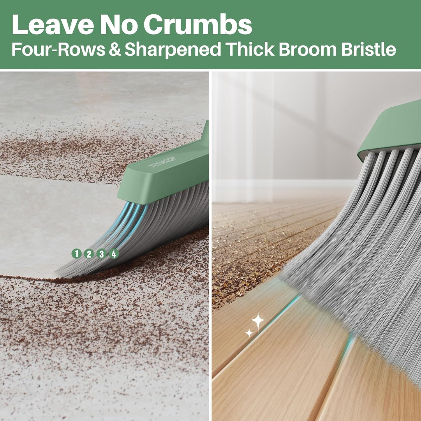 JOYMOOP White Broom and Dustpan Set, Upright Angle Design with Built-in Comb Teeth for Kitchen, Office, Pet Hair, Hard Floors