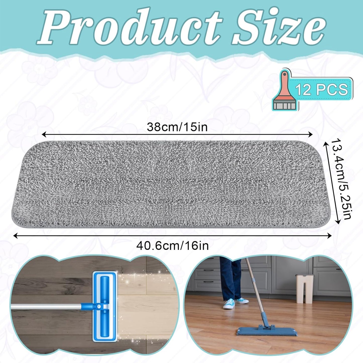 12 Pack Microfiber Replacement Mop Pads, 16''x5.5'' Compatible with Most Reveal Mop Reusable Wet/Dry Replacement Refills for 14” to 16” Spray Mops Heads, Gray
