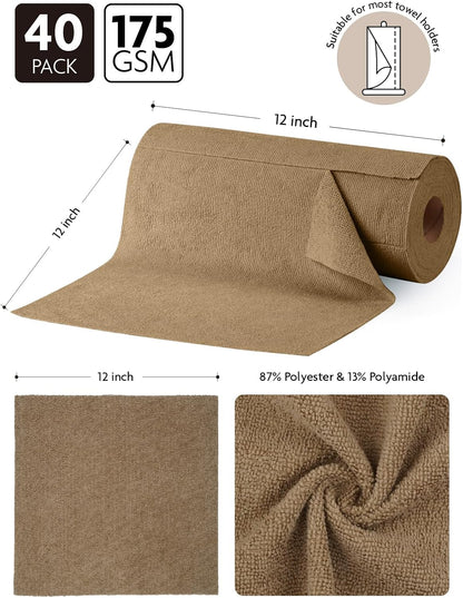 Fantasticlean Microfiber Cleaning Cloth Roll -40 Pack, Tear Away Microfiber Towels, 12" x 12", Reusable, Washable, Scratch Free, Ultra Absorbent Dishcloth for All-Around Cleaning Supplies (White)