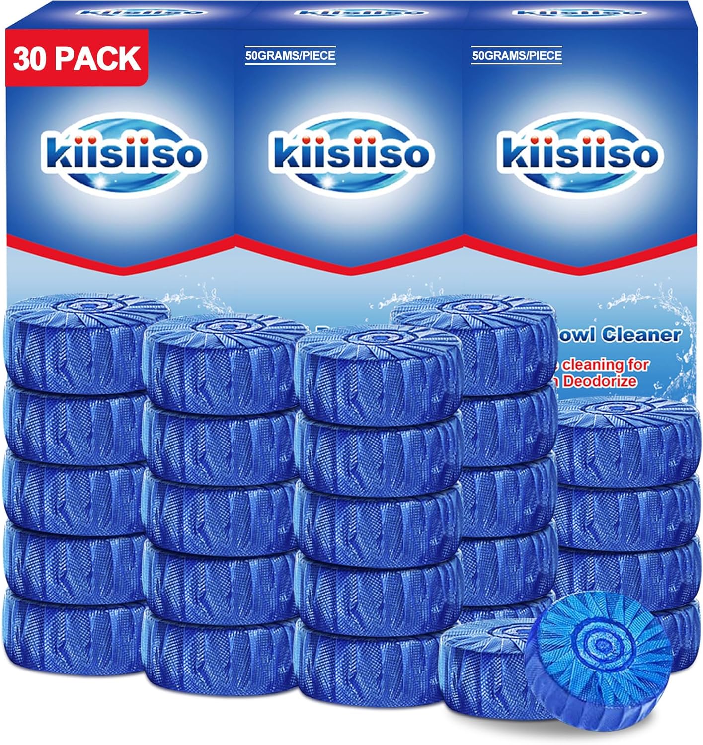 KIISIISO Automatic Toilet Bowl Cleaner Tablets Blue 30 Pack, Drop-In Tank Cleaner for Bathroom, Prevent Stains & Deodorize, Septic Safe, Long-Lasting Cleaning Tabs - Fresh Scent