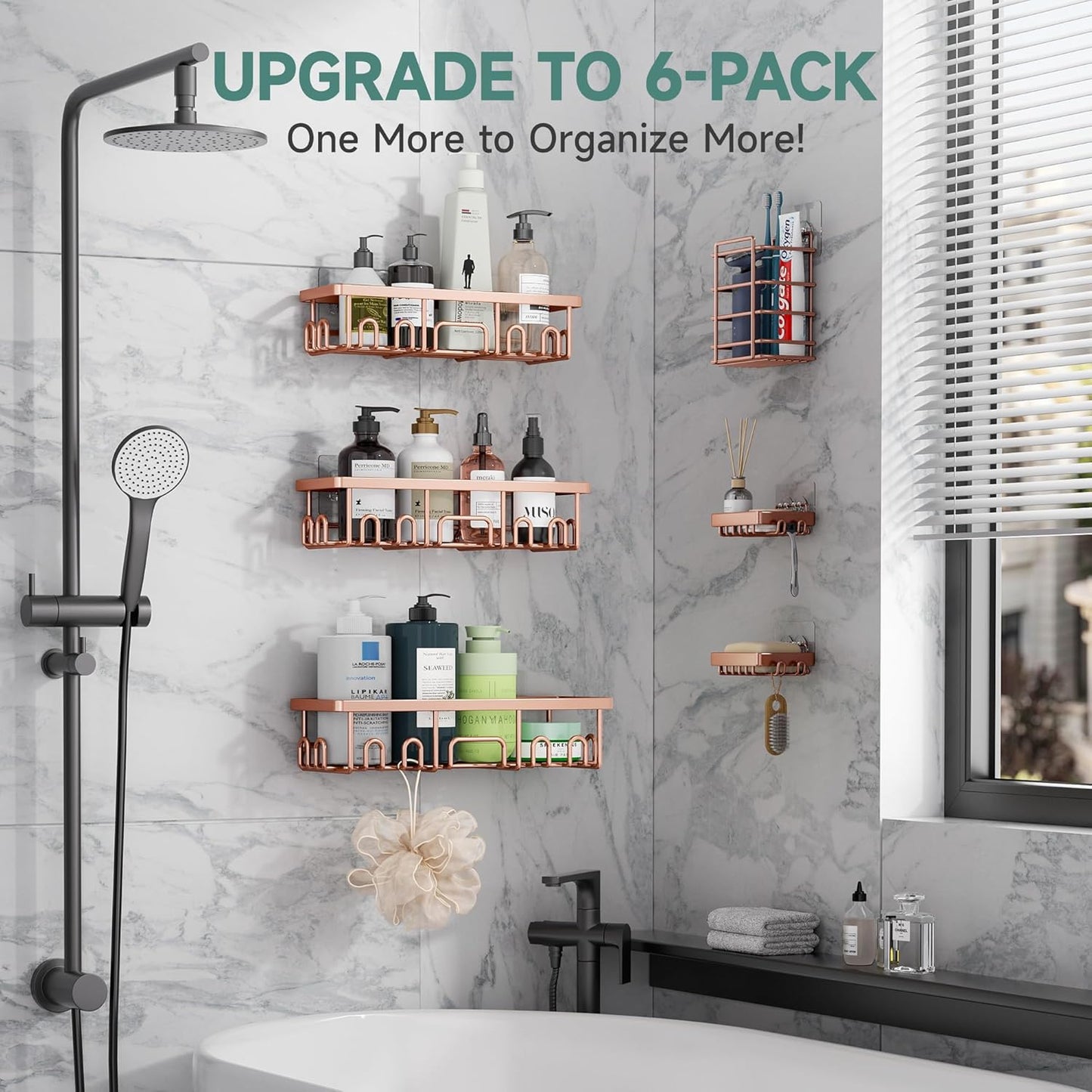 Veken Shower Caddy 6-Pack, Advanced Rustproof Design, No Drilling Adhesive Shelves, Rack with Soap Holder, Large Capacity Bathroom Organizers and Storage, Wall-Mounted, Gifts for Women Mom