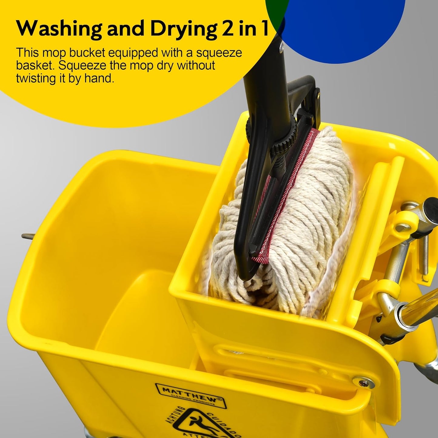 Matthew Cleaning 34 Quart Commercial Mop Bucket INCL.Wet String Mop with Side Press Wringer On Wheels,Heavy Duty Tandem Portable Floor Cleaning Wavebrake,Ideal for Household,Industrial,Restaurant