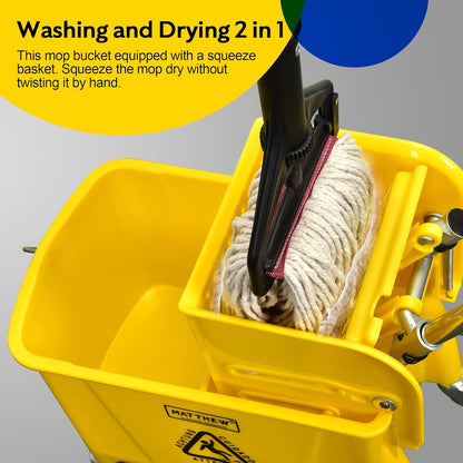 Matthew Cleaning 34 Quart Commercial Mop Bucket INCL.Wet String Mop with Side Press Wringer On Wheels,Heavy Duty Tandem Portable Floor Cleaning Wavebrake,Ideal for Household,Industrial,Restaurant