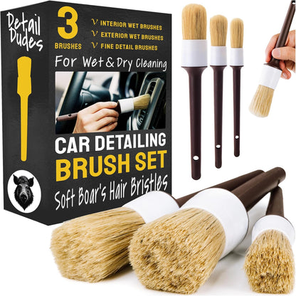 Detail Dudes Car Detailing Brush Set 3-pc - Scratch-Free Boars Hair for Interior and Exterior Work - Pro Quality Car Cleaning Brush Kit for Leather Seats, Dashboards, Wheels, Grills and Paint