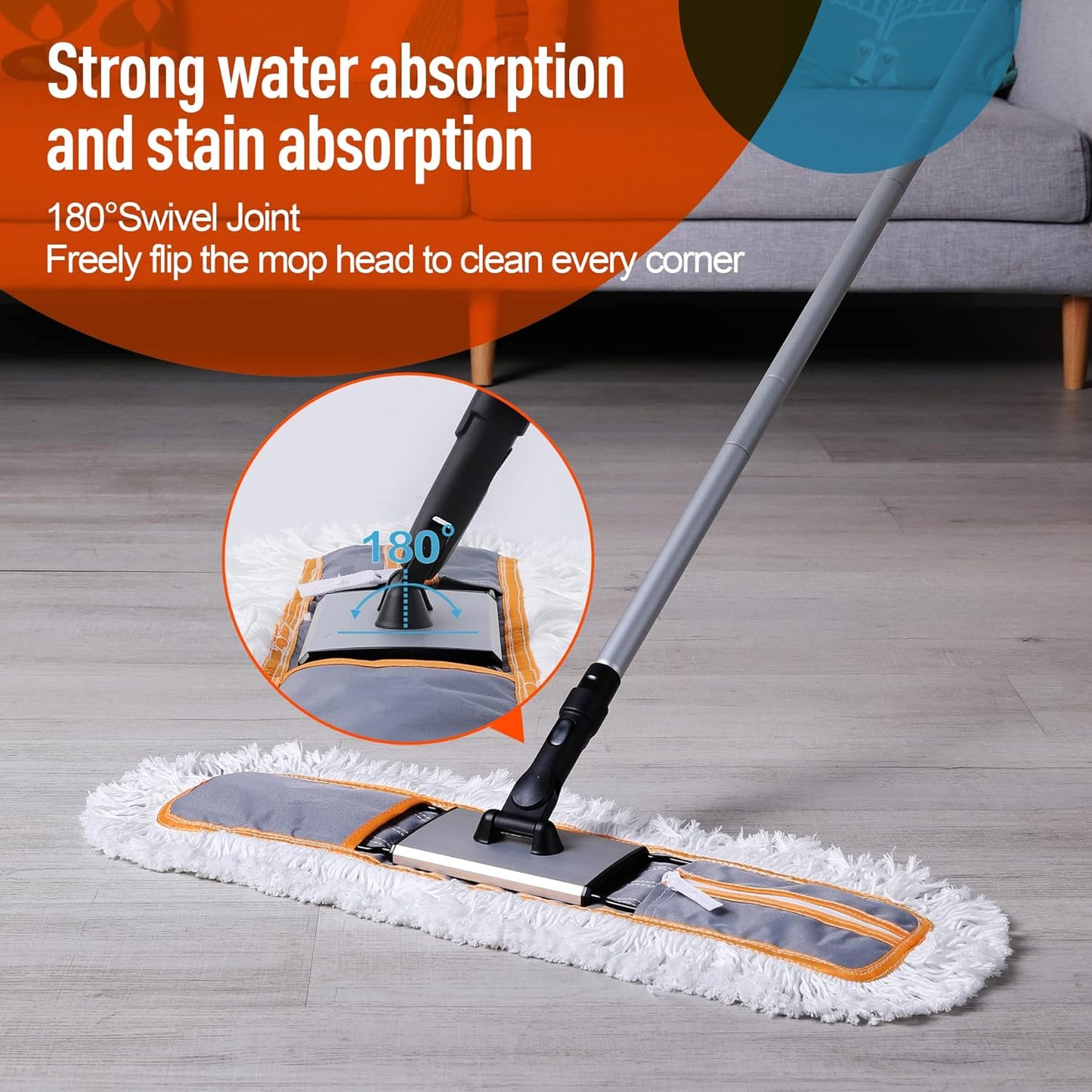 CLEANHOME 24" Commercial Dust Mop for Floor Cleaning, Heavy Duty Sweeper Broom with 2 Microfiber Mop Pads, Wet and Dry Duster Sweeper Broom for Marble, Laminate, Hardwood Floor Cleaning ,Grey