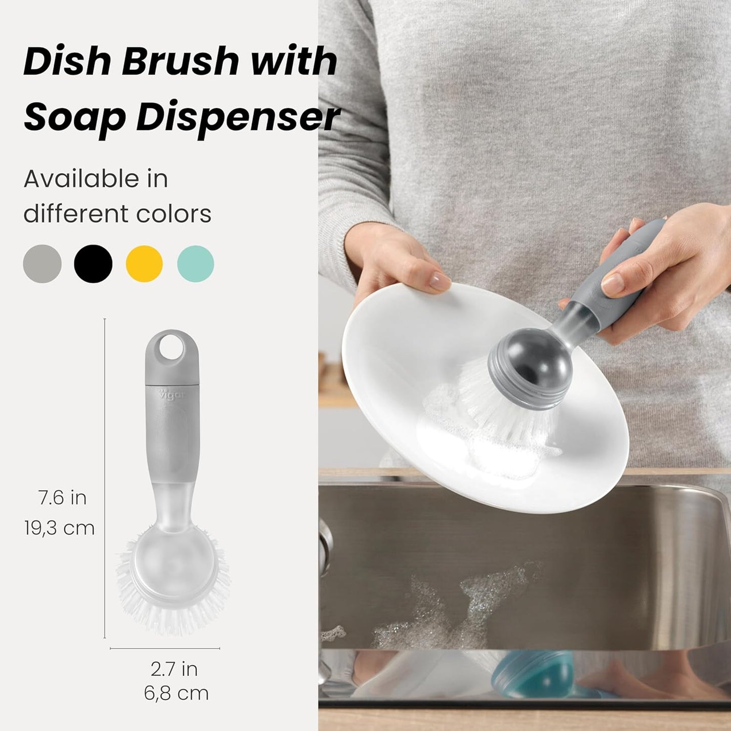 Vigar Rengo Soap Dispensing Dish Brush, Dish Brush with Soap Dispenser for Pot Scrubber, Dishes, Sink Cleaner, and Kitchen Essentials, Black