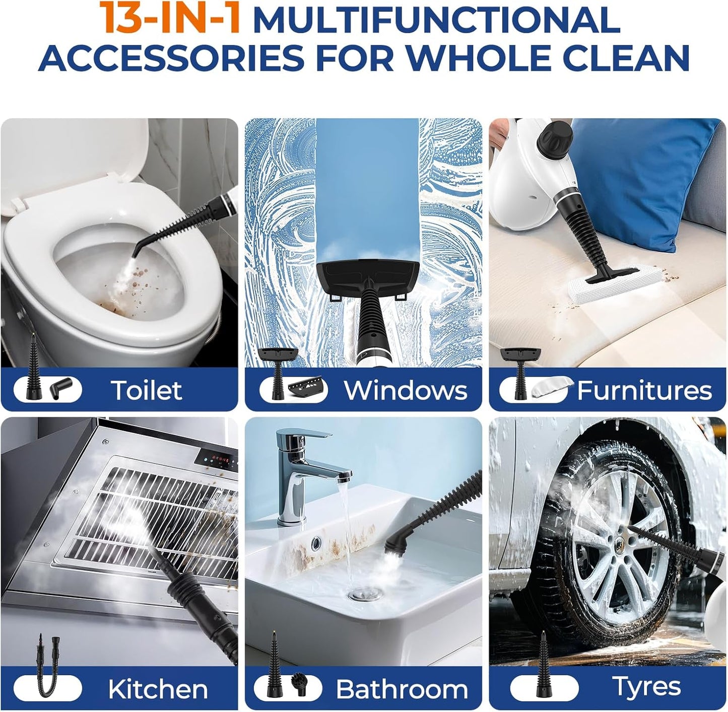 Steam Cleaner, Pressurized Handheld 13pcs Multi-Purpose Natural Deep Cleaning Steamer, Portable Steamer for Cleaning Home, Grout, Kitchen, Car, Window, Upholstery, Bathroom and Clothes, Gray