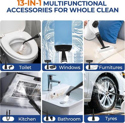 Steam Cleaner, Pressurized Handheld 13pcs Multi-Purpose Natural Deep Cleaning Steamer, Portable Steamer for Cleaning Home, Grout, Kitchen, Car, Window, Upholstery, Bathroom and Clothes, Gray