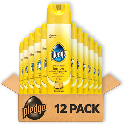 Pledge Enhancing Polish Spray, Wood Furniture & Stainless Steel Polish, Remove Dust and Fingerprints, Fast Shine and Protect, Prevent Scratches & Knicks - Lemon Scent, 9.7oz (Pack of 12)