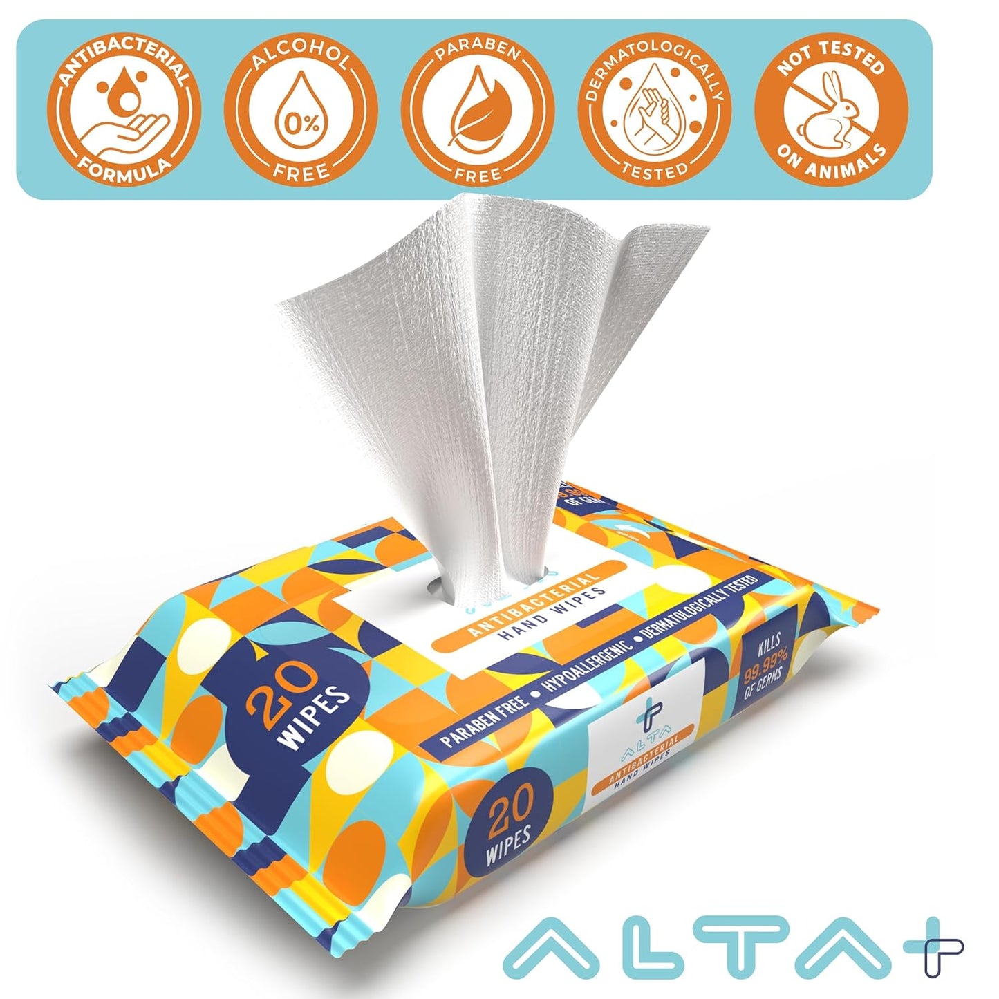 ALTA + Alcohol Free Hand Sanitizing Wipes, Travel Size, 20 Wipes, 6 Packs, Total 120 Pieces
