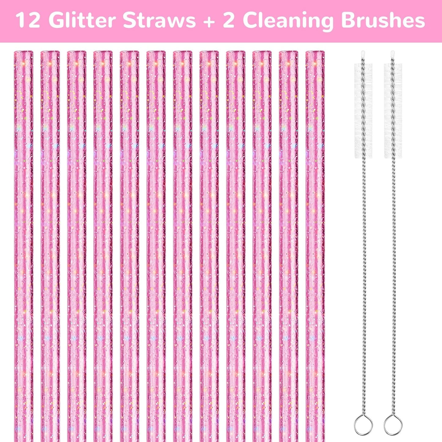 NiHome 12-Pack Glitter Replacement Straws for Stanley Tumbler 40OZ & 2 Cleaning Brushes Set, 12" Length BPA-Free Durable PETG Material for Various Beverages & Cups, Adds Sparkle to Your Drinks (Clear)