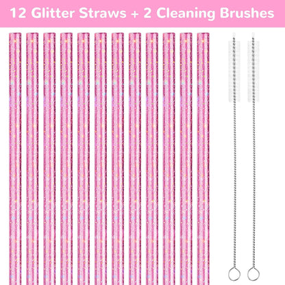 NiHome 12-Pack Glitter Replacement Straws for Stanley Tumbler 40OZ & 2 Cleaning Brushes Set, 12" Length BPA-Free Durable PETG Material for Various Beverages & Cups, Adds Sparkle to Your Drinks (Clear)