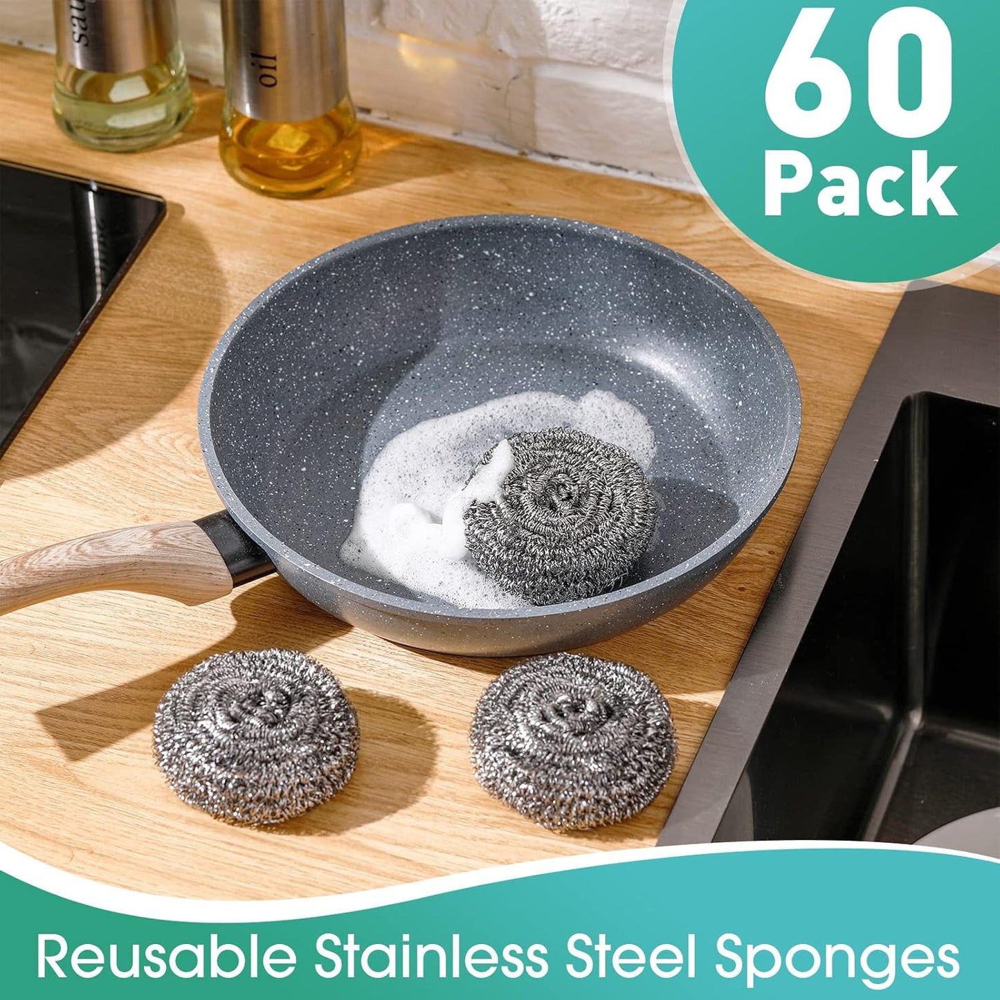 Roshtia 60 Pieces Stainless Steel Scouring Pad Bulk Metal Scrubber for Cleaning Dish 30 Gram Stainless Steel Sponge Round Metal Wool Scrubber for Cleaning Kitchen Bathroom Household