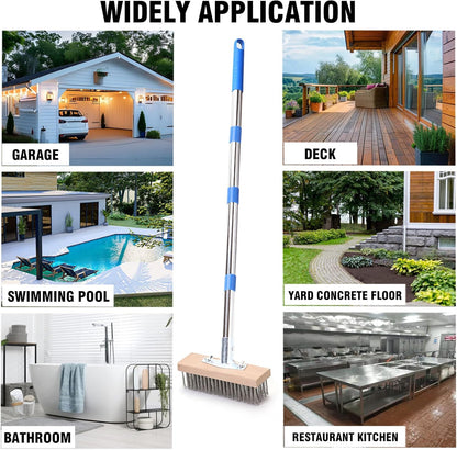 MAXMAN Stainless Steel Wire Scrub Brush with Long Handle, 63" Heavy Duty Large Wire Brush, Stiff Metal Bristle Floor Scrubber, Outdoor Patio Cleaning, Wire Broom for Deck, Concrete, Moss Removal