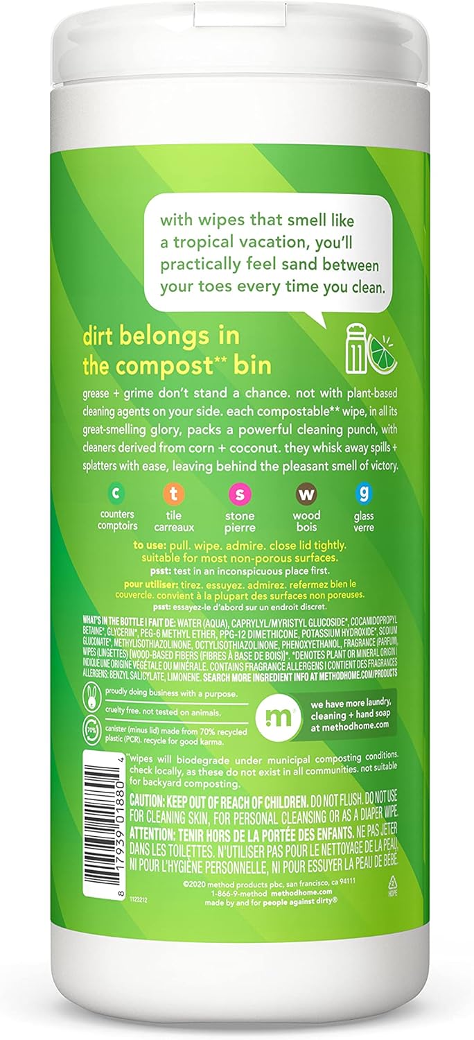 Method All-Purpose Cleaning Wipes, Pink Grapefruit, Multi-Surface, Compostable, 70 Count (Pack of 1)