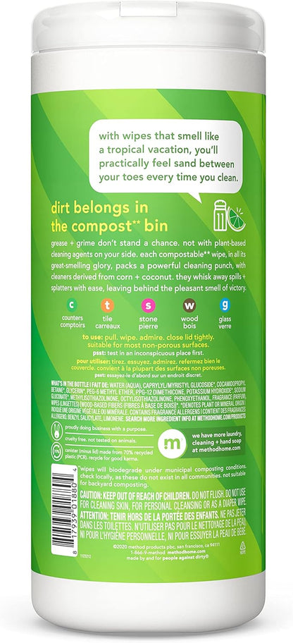 Method All-Purpose Cleaning Wipes, Pink Grapefruit, Multi-Surface, Compostable, 70 Count (Pack of 1)