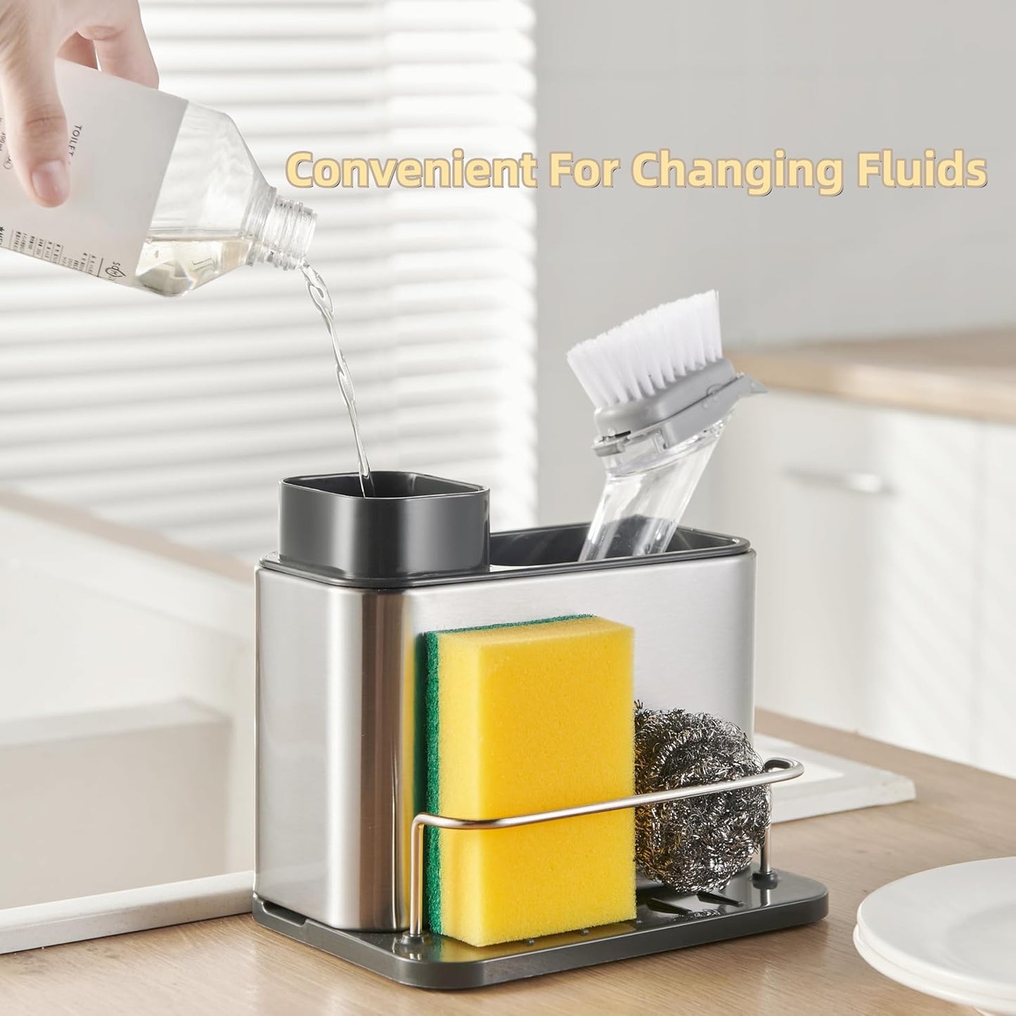 LIBODOUR Soap Dispenser for Kitchen & Bathroom Sink,3-in-1 Sponge Holder for Kitchen, Organizer Dish Soap Dispenser,Sink Caddy,Stainless Steel Dish Brush Scrubber with Sponge Holder