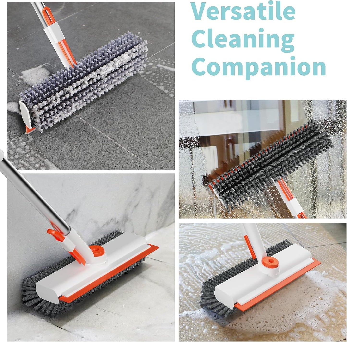 Floor Scrub Brush with Long Handle, 3 in 1 Scrape and Heavy-Duty Stiff Bristle Scrubber Brush for Cleaning Shower Bathroom, Patio, Pool, Garage, Kitchen, Wall and Deck (White, 1 Pack)