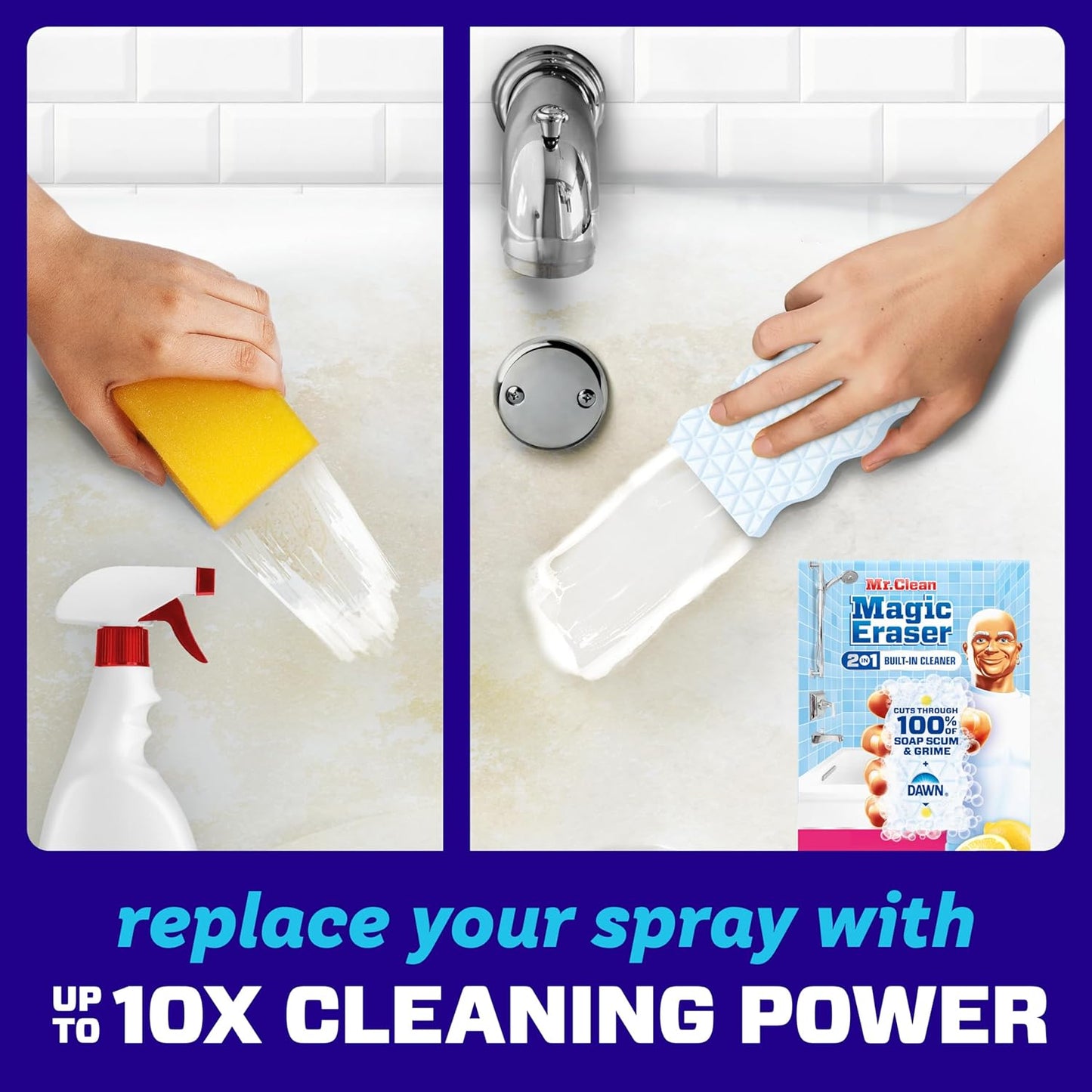 Mr. Clean Magic Eraser Sponge, Bathroom, Shower, Tub Cleaner, Soap Scum Remover, Bathroom Cleaning Supplies, Dawn Cleaning Power with Lemon Scent, Shower & Tub, 6ct