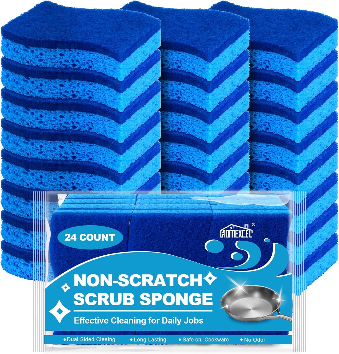 HOMEXCEL Sponges Kitchen 24pcs, Non-Scratch Scrub Dish Sponge Safe on Non-Stick Cookware, Dual Sided Cleaning Sponges for Kitchen, Household, Bathroom and More