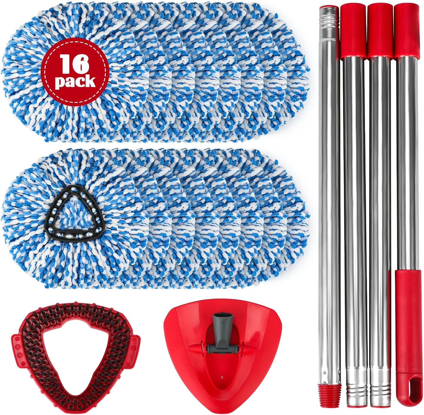 Spin Mop Replacement Set for O-Ceda RinseClean 2-Tank System, 16 Microfiber Spin Mops Refills,1 Scrubber Head,1 Triangle Spin Base,and(31-63in) Adjustable Handle Set Combo
