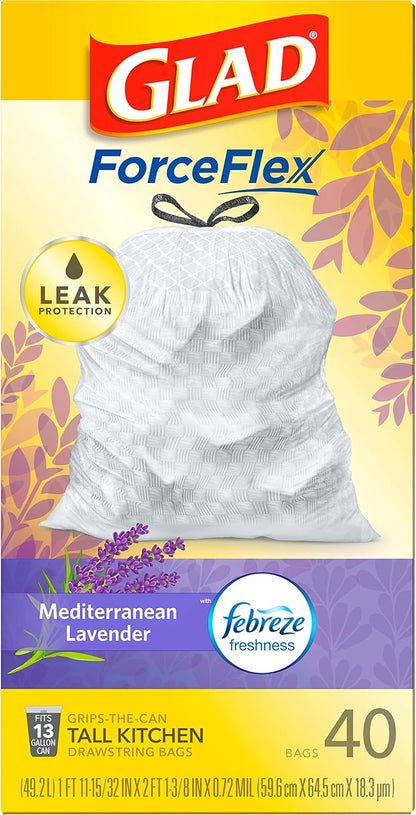Glad ForceFlex Tall Kitchen Trash Bags, 13 Gal, Gain Lavender with Febreze, 110 Ct (Pack May Vary)