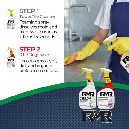 RMR Grime To Shine System – Tub & Tile Stain Remover + Ready to Use Degreaser, 2-Step Bathroom and Surface Cleaning Bundle for Tile, Grout, Shower, Counters, Floors and More, 2–32 Oz Bottles