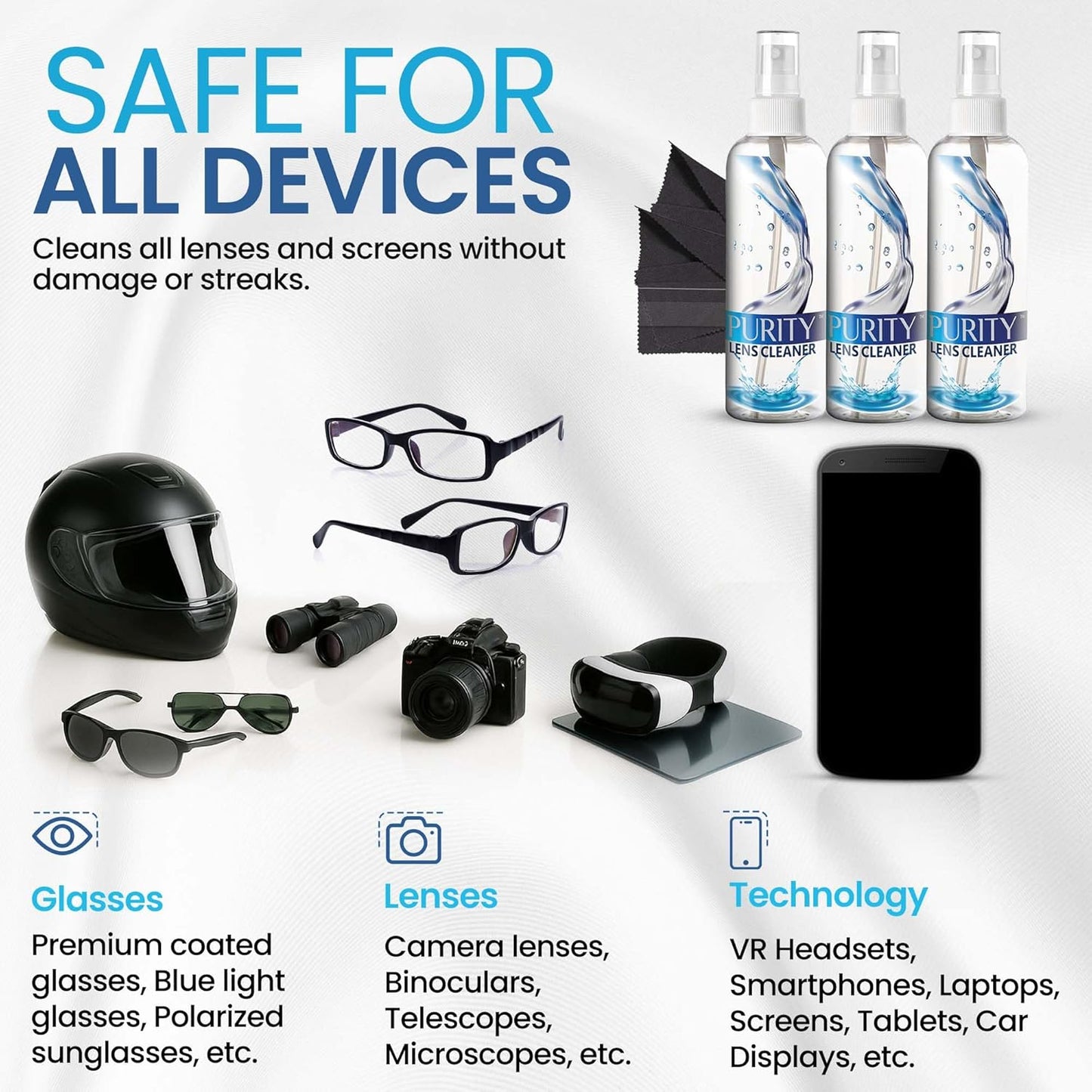 Purity Eyeglass Lens Cleaner Kit - 2 x 8oz and 1 x 2oz Lens Cleaner Spray Bottle + 2 Microfiber Cleaning Cloths - Safe for All Lenses (AR Coated Included), Eyeglasses and Screens - Clear