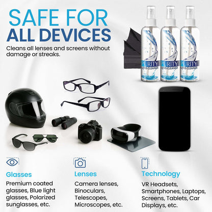 Purity Eyeglass Lens Cleaner Kit - 2 x 8oz and 1 x 2oz Lens Cleaner Spray Bottle + 2 Microfiber Cleaning Cloths - Safe for All Lenses (AR Coated Included), Eyeglasses and Screens - Clear