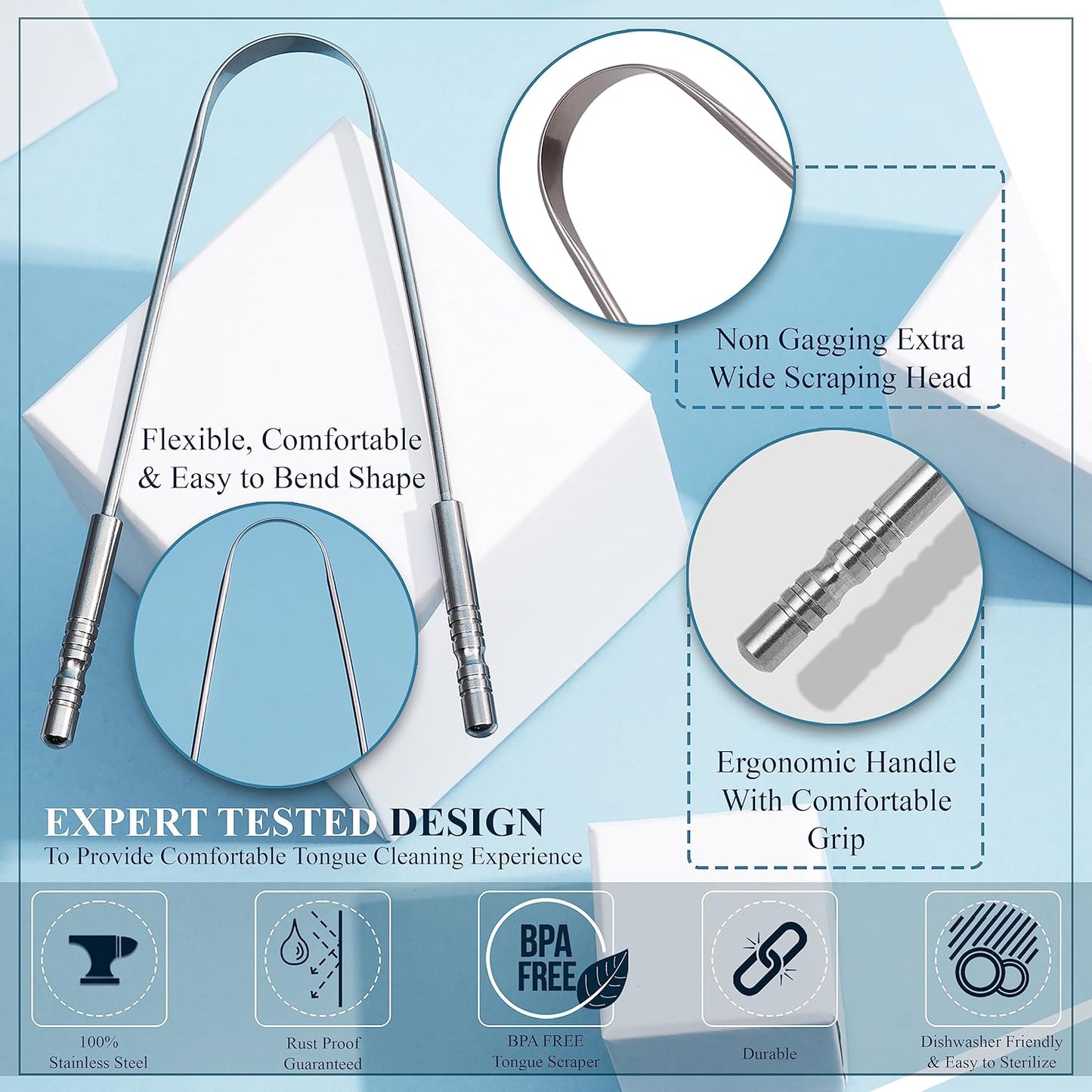 MasterMedi Tongue Scraper for Adults, 100% Stainless Steel Tongue Scrubber for Bad Breath, Easy to Use, Tongue Cleaner for Oral Care & Hygiene (SS Uni|Pack of 2)