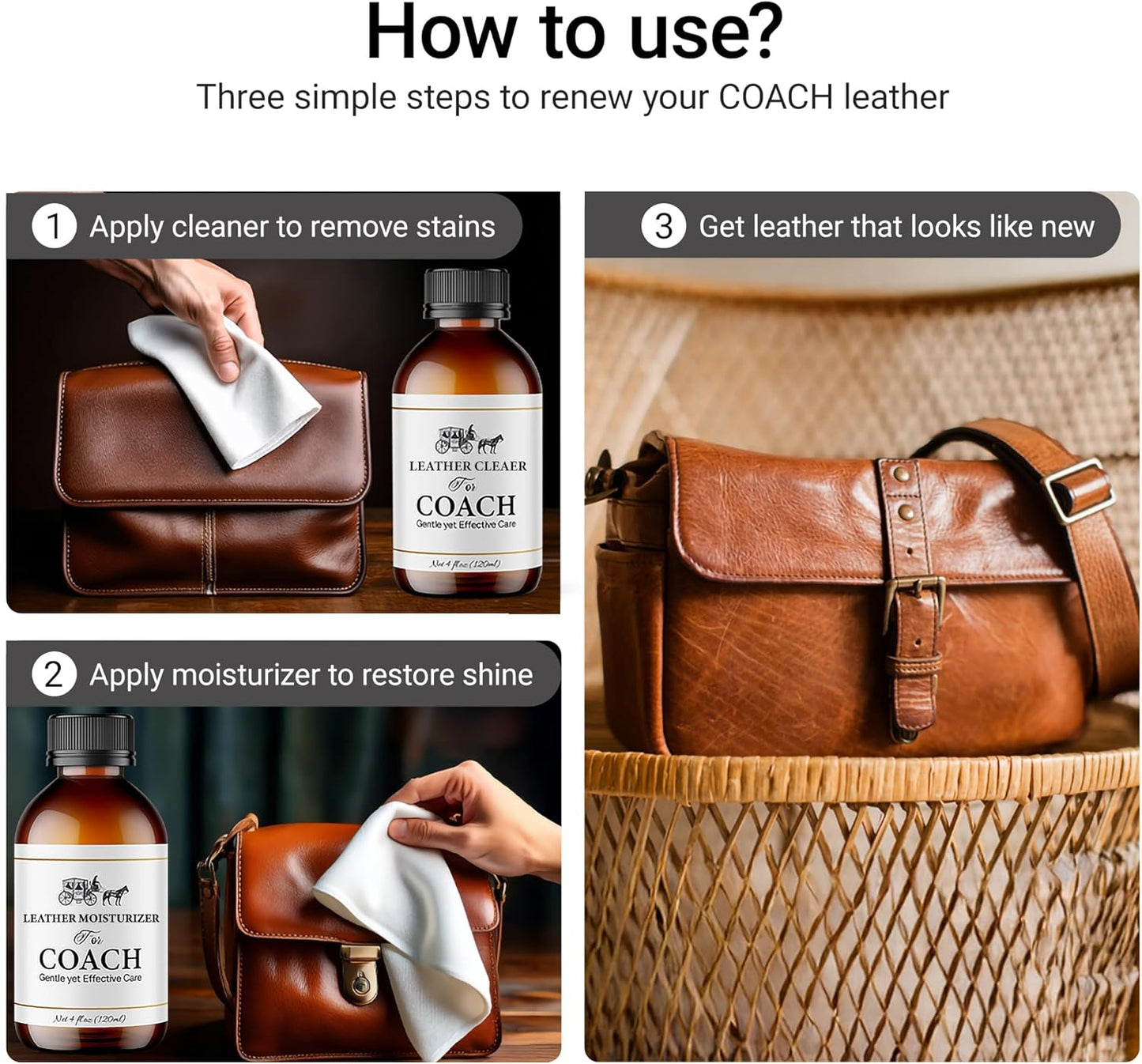 Leather Cleaner & Moisturizer Set for Coach, Gentle Formula to Remove Stains & Restore Shine, Keeps Leather Looking Like New, 120ml x2