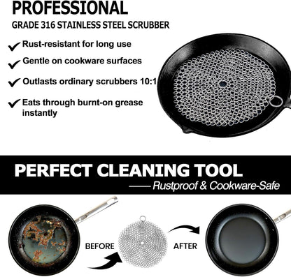 TOPULORS Cast Iron Scrubber 316 Stainless Steel Skillet Cleaner 8"x6" Chainmail Scrubber Scraper Chain Mail Link Scrub for Cast Iron Pre-Seasoned Pans, Griddles, BBQ Grills, and Pot Cookware Cleaning