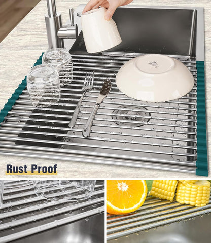 Tomorotec 17.7" x 15.5" Roll Up Dish Drying Rack Over Sink Drying Rack Sink Cover Kitchen Sink Accessories Gadget Multipurpose Organizer Foldable Stainless Steel Drainer (Grey)