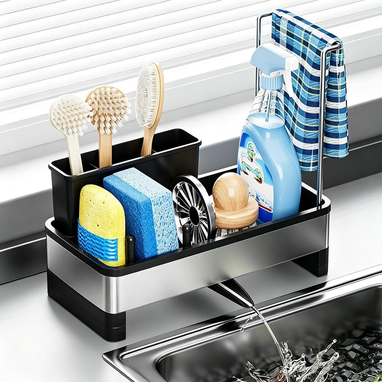 304 Stainless Steel Sink Caddy with Auto-Drain, Rustproof Sink Organizer, Sponge Holder with Removable Brush Holder & Towel Rack, Countertop Storage for Dish Soap Dispenser, Kitchen Sink Accessories