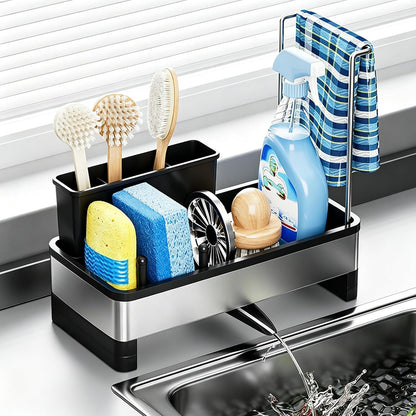 304 Stainless Steel Sink Caddy with Auto-Drain, Rustproof Sink Organizer, Sponge Holder with Removable Brush Holder & Towel Rack, Countertop Storage for Dish Soap Dispenser, Kitchen Sink Accessories