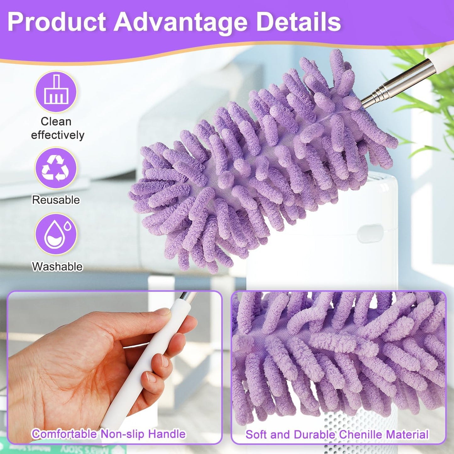 2Pcs Mini Duster for Cleaning, Microfiber Duster with Extendable Pole, Washable Small Duster, Cleaning Tools for Office, Car Interior, Window, Furniture, Computer (Purple)