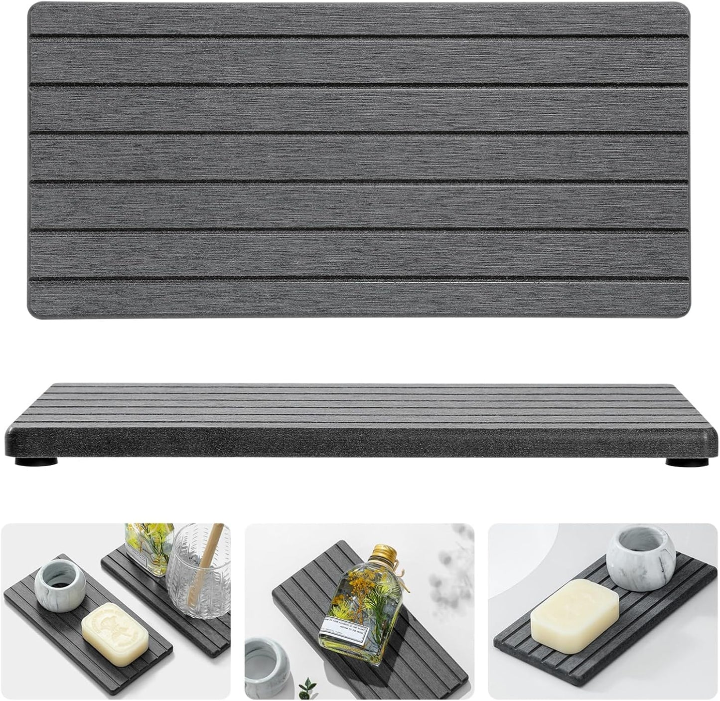 2PCS Water Absorbing Stone Drying Tray Mat for Bathroom Sink & Kitchen Counter Faucet Organizer, Quick Dry Dish Rack Soap Dispenser Sponge Holder, Vanity Sink Caddy Bar Coaster, Ivory White 8“x 4”