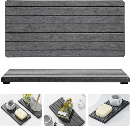2PCS Water Absorbing Stone Drying Tray Mat for Bathroom Sink & Kitchen Counter Faucet Organizer, Quick Dry Dish Rack Soap Dispenser Sponge Holder, Vanity Sink Caddy Bar Coaster, Ivory White 8“x 4”