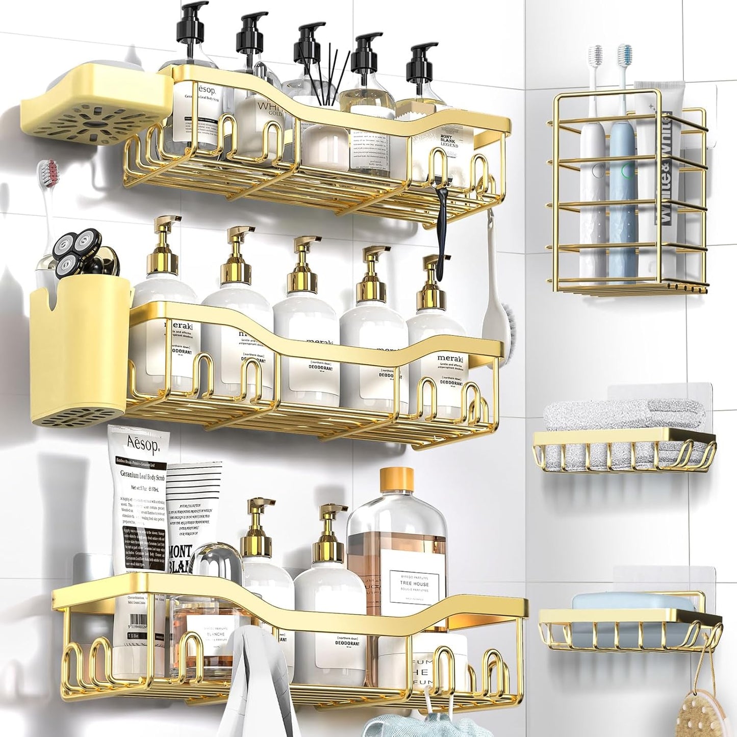 NESOMI Shower Caddy Adhesive Shower Organizer 7-Pack, Rustproof Stainless Steel Bathroom Shelves, Large Capacity No-Drill Rack Storage Accessories with Soap Dish Toothbrush Holder &24 Hooks Home Decor